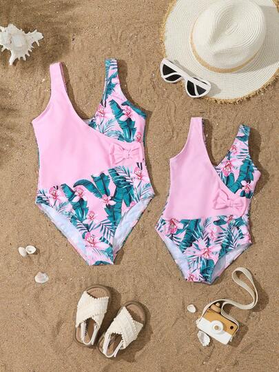 1pc Girls Floral Print One-Piece Swimsuit