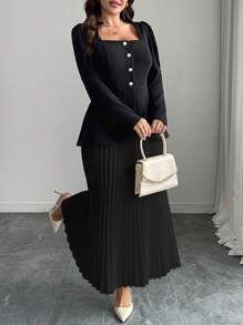 Elenzga 2pcs/Set Women Plus Size Single-Breasted Square Collar Long Sleeve Top And Pleated Midi Skirt