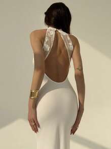 Aloruh Women's Backless Floral Printed Flocked & Mesh Sleeveless Dress - Black - View 1