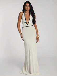 SHEIN BAE Women's Sexy Contrast Color Trim Backless Halter Long Knitted Dress Dresses For Women Summer Outfits For Women Vacation Outfits Woman White Dress Summer Dresses For Women Summer Dress Beach Outfits For Woman Western Wear Women Beach Vacation Bathing Suit Cover Up - Black and White - View 2