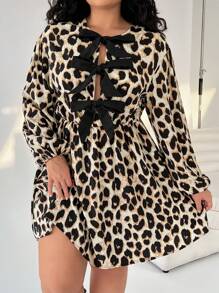 SHEIN EZwear 大码豹纹泡泡袖蝴蝶结娃娃裙 - 彩色 - 查看 1