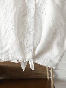 SHEIN Young Girl Vacation Beach Casual Versatile Embroidery Hollow White Loose Short Sleeve Blouse,Holiday,Summer,Travel - White - View 4