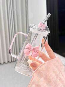 1 件奢华简约方形玻璃杯吸管，蝴蝶结手柄，耐热，13.52 盎司容量，适用于家庭、餐厅、厨房、牛奶、咖啡、果汁 - 粉色 - 查看 1