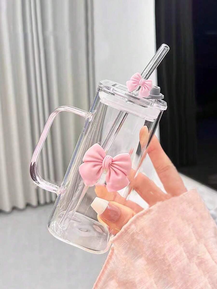 1 件奢华简约方形玻璃杯吸管，蝴蝶结手柄，耐热，13.52 盎司容量，适用于家庭、餐厅、厨房、牛奶、咖啡、果汁 - 粉色 - 查看 1