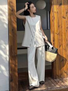 DAZY 2 件套女士休闲纯色开衩背心和裤子套装，春夏秋冬