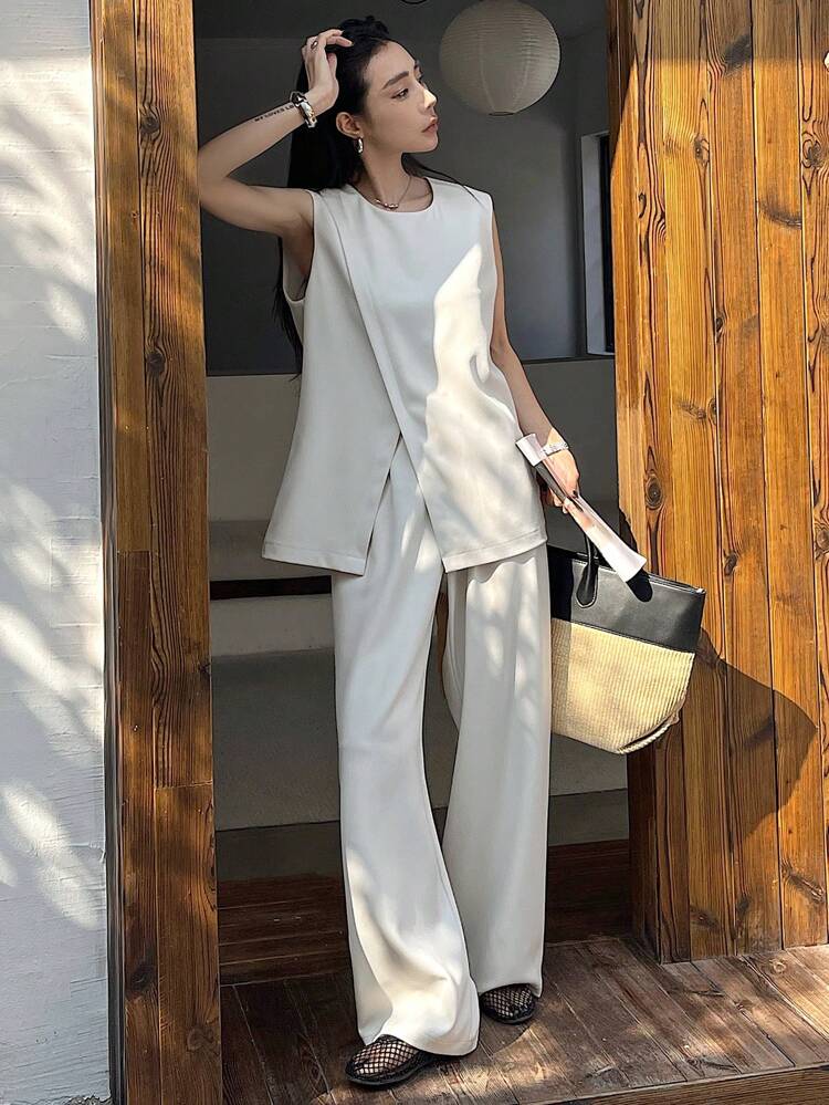 Women's Summer Casual Solid Color Tank Top And Pants 2 Pieces Set