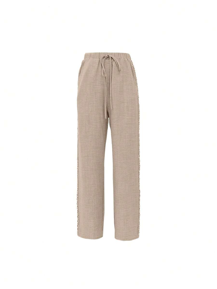 SHEIN PETITE Pantalones largos de mujer con cintura elástica y cordón, con textura y ribete de encaje, para primavera/verano - Caqui - Ver 1