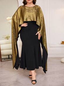 Modelyn Women Plus Size Metallic Color Block Poncho Design Fishtail Hem Elegant Dress