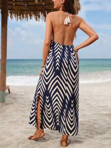 SHEIN 孕妇装人字形侧开衩休闲露背连衣裙，度假海滩装