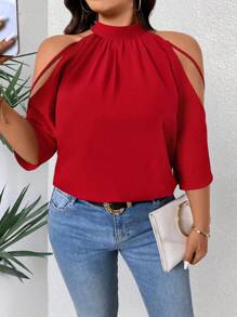 SHEIN LUNE Plus Size Women's Summer Solid Color Open Shoulder Short Sleeve Casual Blouse - Red - View 3
