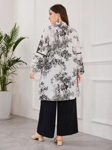 Lacomfia 2pcs Plus Size Casual Set - Stand Collar Retro Floral Print Pleated Loose Top