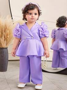 SHEIN Bộ 2 món áo hoa satin tím tay ngắn và quần dài cạp chun cho bé gái, mùa hè - Màu tím - Xem 6