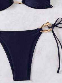 SHEIN Swim 女士春假海滩装，时尚露背系带性感镂空海滩度假泳装套装 - 藍色 - 查看 3