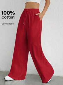 SHEIN EZwear Women's Simple Solid Color Woven Casual Pants For Daily Wear - Red - View 6