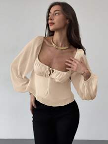 Aloruh Square Neck Ruched Waist Flared Textured Fabric Long Sleeve Blouse For Women - Apricot - View 1