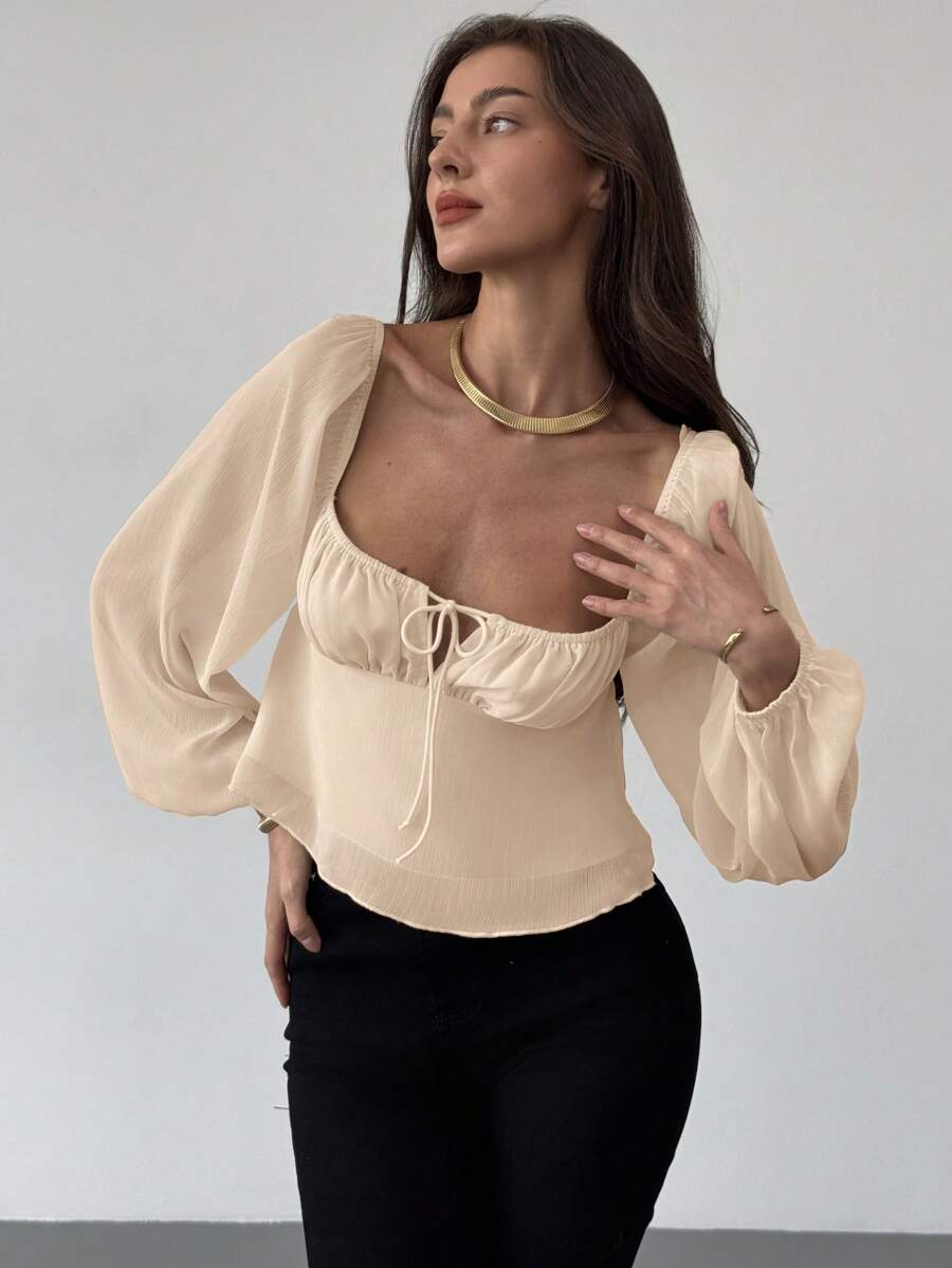 Aloruh Square Neck Ruched Waist Flared Textured Fabric Long Sleeve Blouse For Women - Apricot - View 1