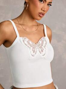 SHEIN BAE White,Summer,Elegant,Y2k,Everyday Butterfly Embroidered Mesh&Lace Cropped Camisole Top For Women,Fashionable For Party,Festival,Street Style&Beach - White - View 7