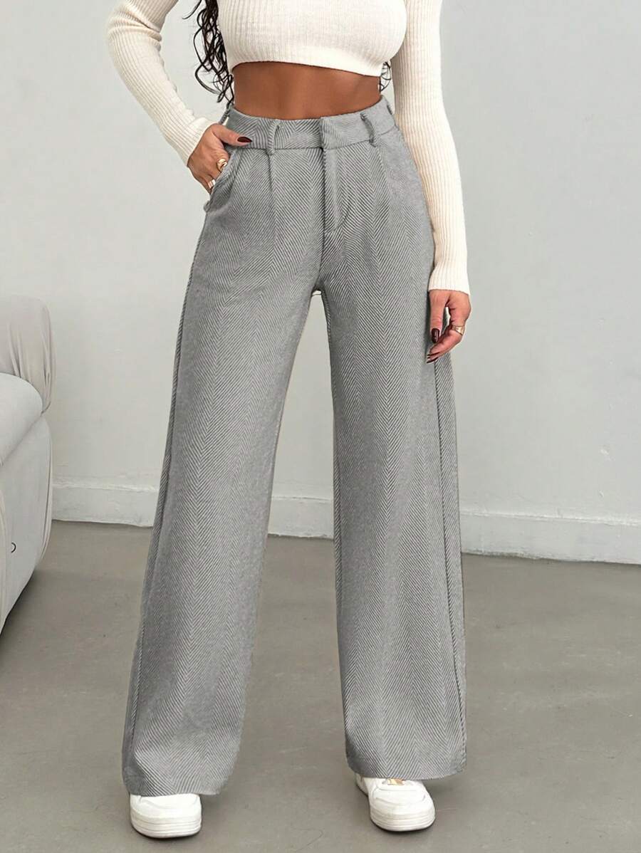 EURMUSE Women Solid Color High Waist Wide Leg Pants - Light Grey - View 1