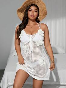SHEIN Swim Curve Abito copri-bikini da donna taglie forti, con scollo a V, laccetti, decorazione a farfalla e fiore di perle, bianco, per la spiaggia
