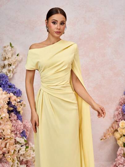 SHEIN Belle Elegant And Romantic Light Yellow Woven Material, Sloping Shoulders, Asymmetrical Sleeves, Floating Panels, Pleated Micro Fishtail Hem, Suitable For Dates, Vacations, Weddings, Events, Back-To-School Season, Graduation Season, Formal Bridesmaid Dress