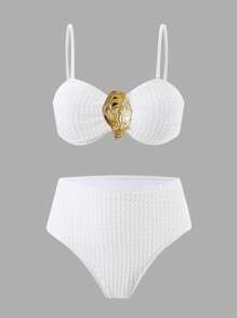 Swim Oasis 3 件套女士泳装套装：纹理抹胸上衣、三角形比基尼泳裤和带金色贝壳装饰的高开叉沙滩裙，Springbreak