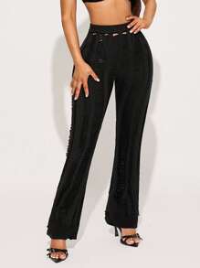 SHEIN SXY Fashionable Personalized Front Hollow Semi-Sheer Straight Leg Long Knitted Pants - Black - View 6