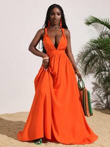 Slaydiva 女士性感纯橙色深 V 领露背交叉系带长裙，夏季度假 - 橘色 - 查看 4