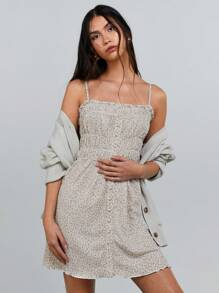 Athîral 女士碎花印花褶饰腰部罩衫连衣裙，夏季/度假/复活节 - 卡其色 - 查看 5