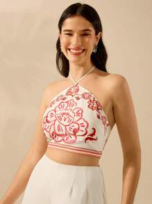 CAJUNI Women's Boho Tropical Floral & Monstera Plant Print Crop Halter Top, Casual Summer Beach Wear