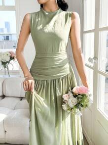 Modelyn 女式无袖高领褶饰中长连衣裙 - 綠色 - 查看 6