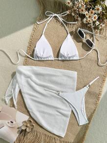 SHEIN Swim Springbreak Women's Summer Beach Solid Color Halter Tie Sexy Bikini 3 Pieces Set With Cover-Up Skirt - White - View 2