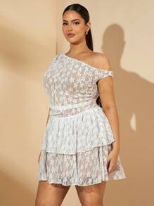 SHEIN BAE Vestido para mujer de talla grande con diseño asimétrico de encaje, parches y fruncido en la cintura, vestido elegante para primavera y verano