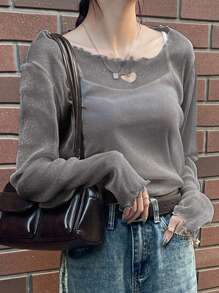 FRIFUL Damski, prześwitujący top z falbanką w kształcie serca, dopasowany, z długim rękawem, jesienne ubrania