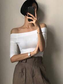 DAZY Áo thun tay ngắn màu trơn hở vai cho nữ, Xuân/Hè - trắng - Xem 7