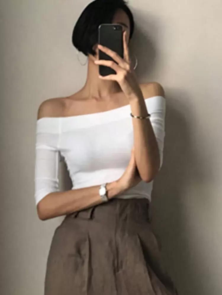 Women Off Shoulder Fitted Solid Color Short Sleeve T-Shirt, Spring/Summer