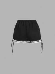 SHEIN MOD 女士蝴蝶结装饰时尚蕾丝边黑色短裤 - 黑色 - 查看 2