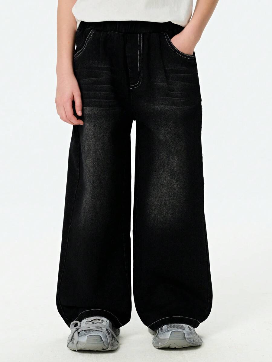 SHEIN Explorewe Tween 男童黑色口袋宽腿宽松洗水牛仔裤，适合日常穿着、派对、滑板、音乐节