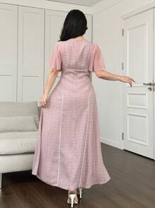 Modelyn Women's Elegant V-Neck Jacquard Romantic Short Sleeve Dress, Casual Everyday Wear - Pink - View 2