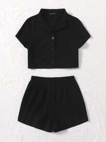 SHEIN EZwear Single Breasted Solid Blouse & Shorts Set