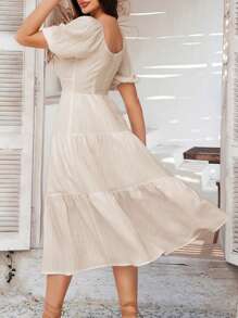 Breezaya Vacation Minimalist Square Neck Ruched Waist Single-Breasted Mid-Length Dress - Apricot - View 2