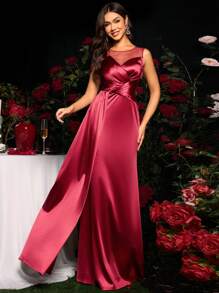 Coutiva 纯色褶饰长款正式晚礼服，奢华长裙，酒红色连衣裙，适合春夏季音乐节、派对礼服、婚礼宾客礼服、鸡尾酒会