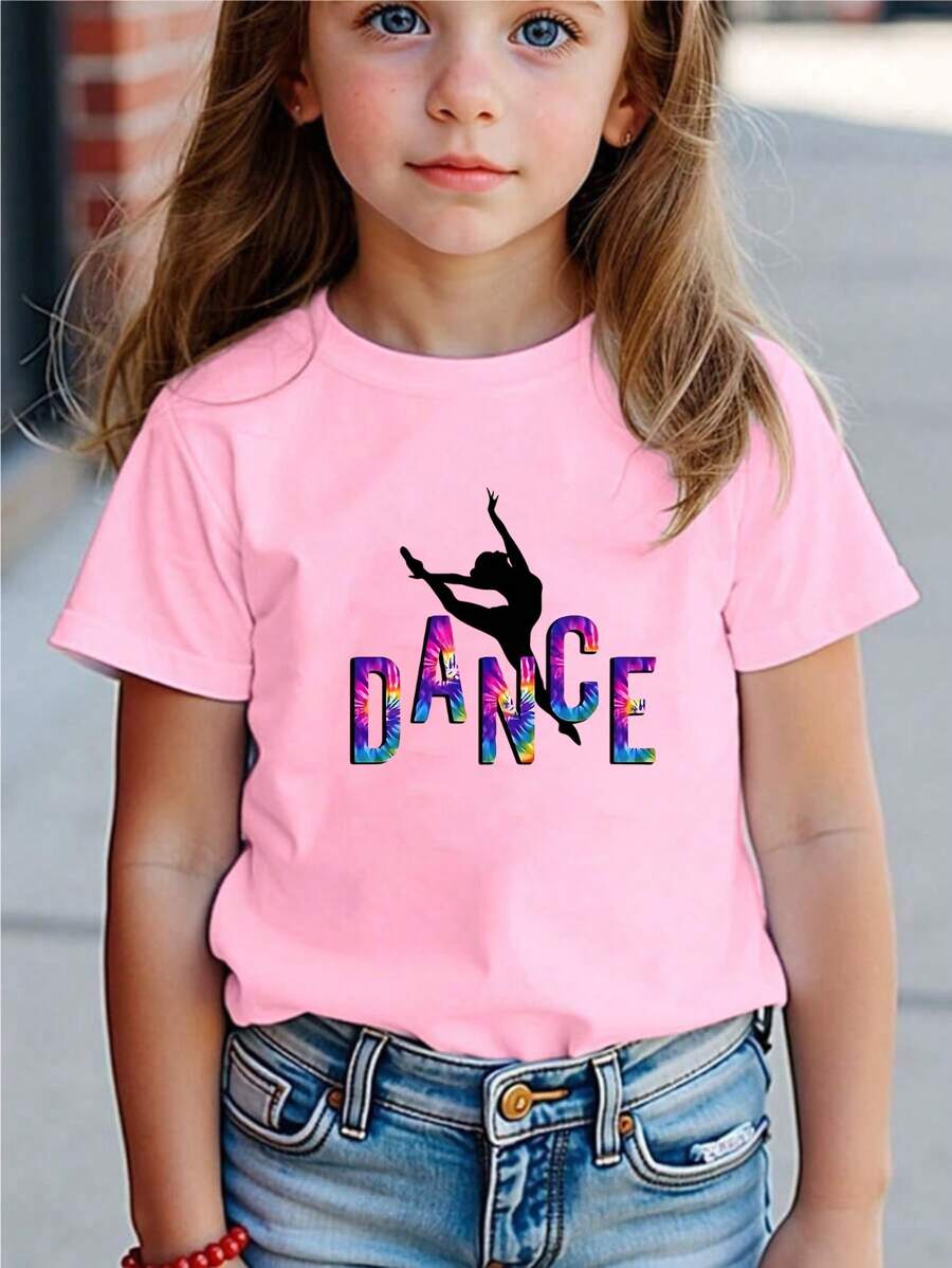 Camiseta básica de manga corta con estampado de personas y letras para niña casual - Rosa - Ver 1