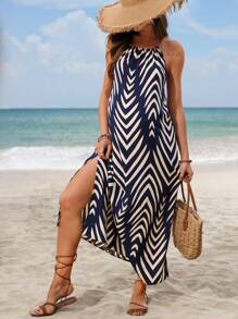 SHEIN 孕妇装人字形侧开衩休闲露背连衣裙，度假海滩装