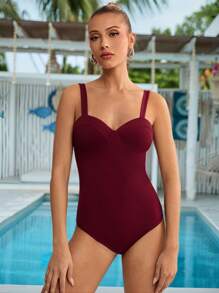 SHEIN Clasi Camiseta de mujer elegante con copa estilo slim fit de color rojo vino para primavera/verano, body para capas de mujer, ropa de playa push up y conjuntos de playa para mujer - Burdeos - Ver 1