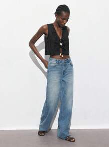 Maija 女式黑色夏季 V 领烂花纹理刺绣前系带珍珠装饰波西米亚风格度假短款休闲百搭无袖背心，夏季，适合圣帕特里克节、春假、复活节、音乐节夏季女士外出上衣女士女士夏季外出上衣系带前上衣商务休闲女士 - 黑色 - 查看 6