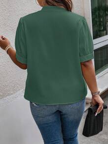 EMERY ROSE Women Plus Size Plain Tie Collar Short Sleeve Loose Elegant Blouse - Dark Green - View 2