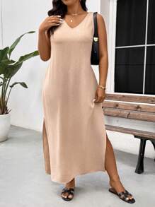 SHEIN Frenchy Váy xẻ tà ren cổ chữ V không tay cỡ lớn, thường ngày & đi nghỉ - Màu be - Xem 3