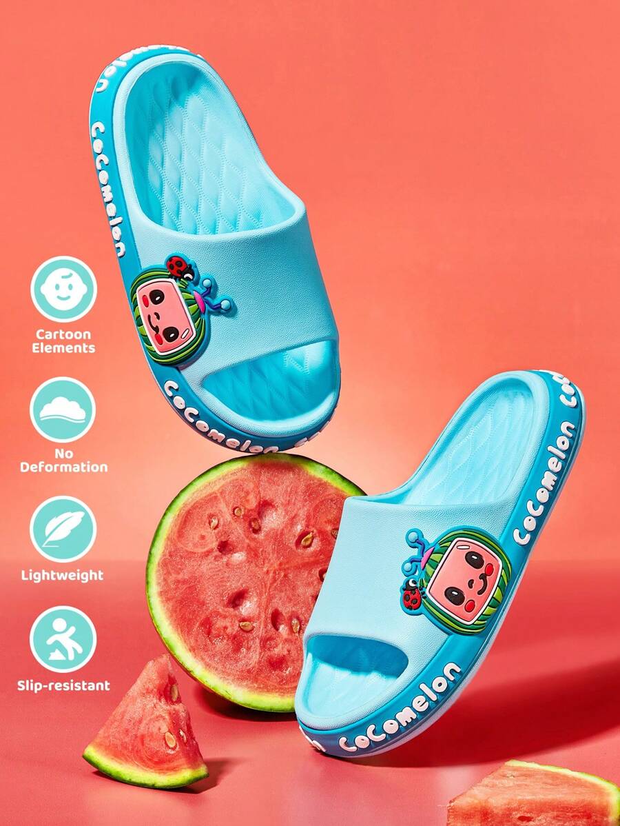 CoComelon X SHEIN Papuci albaștri pentru copii, cu desene animate, cu pepene verde, material EVA ușor și confortabil, anti-alunecare, potriviti pentru copii mici, plajă, în aer liber, în interior, băieți și fete