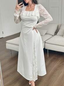 Modelyn 女式法式白色蕾丝长袖小众设计束腰连衣裙 - 白色 - 查看 4