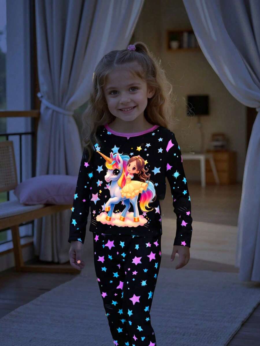 2 件套小女孩可爱骑马和夜光星星印花简约优雅长袖休闲宽松家居服套装，幼儿 - 杏色 - 查看 1